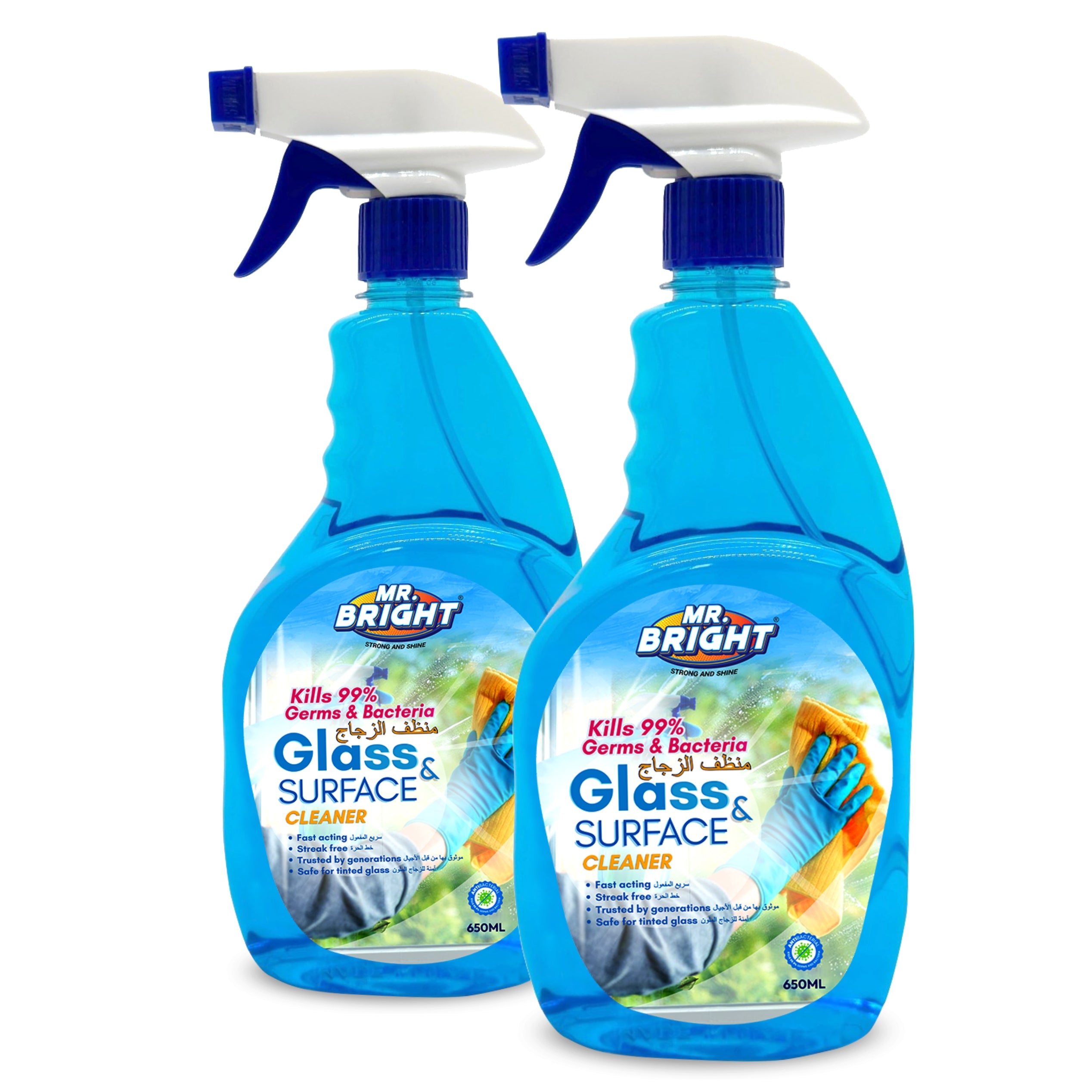 "Mr Bright Glass & Surface Cleaner 750ML Pack of 2, streak-free glass shine, kills 99% of germs & bacteria, multi-purpose use"