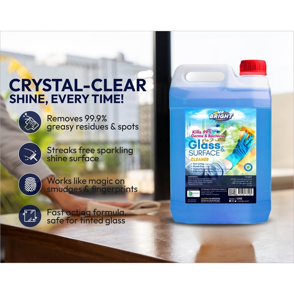 Mr Bright Glass & Surface Cleaner 5L bottle on a table, promising crystal-clear shine, removes greasy residues, and streak-free surfaces.