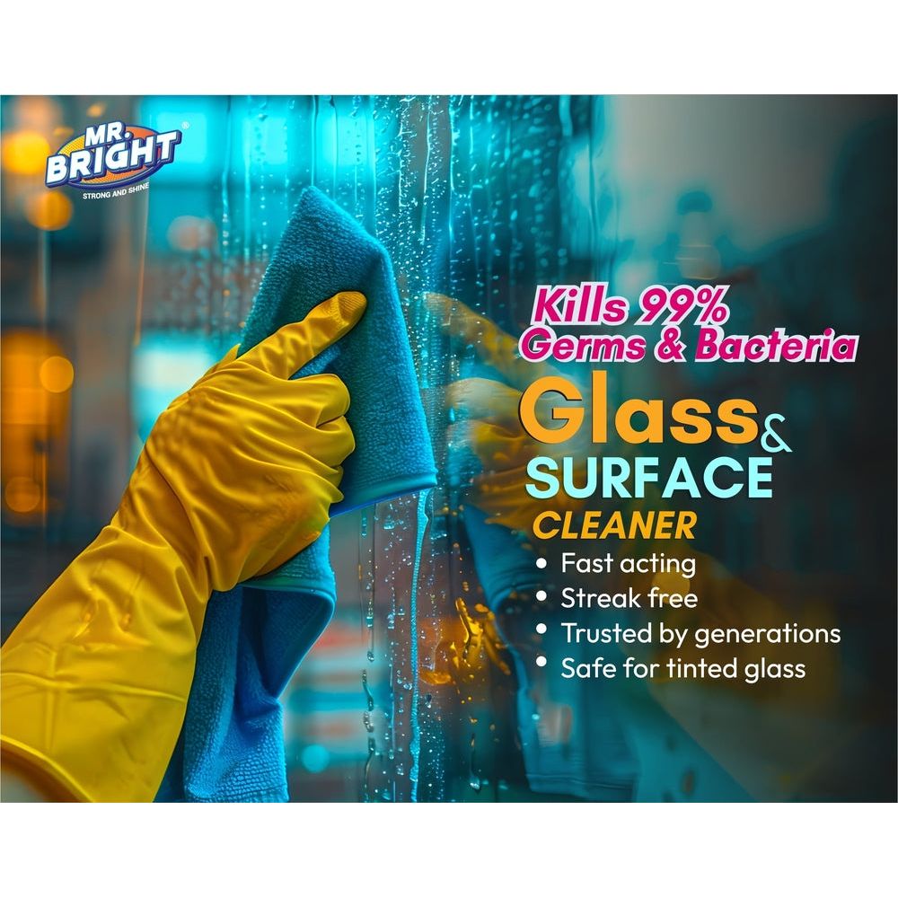 Person cleaning glass with Mr Bright Glass & Surface Cleaner, highlighting benefits such as killing 99% germs, streak-free finish, and safe for tinted glass.